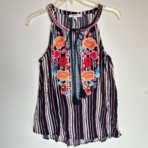 Andree by Unit Boho Embroidered Floral Sleeveless Peasant Blouse Tank Sz Large